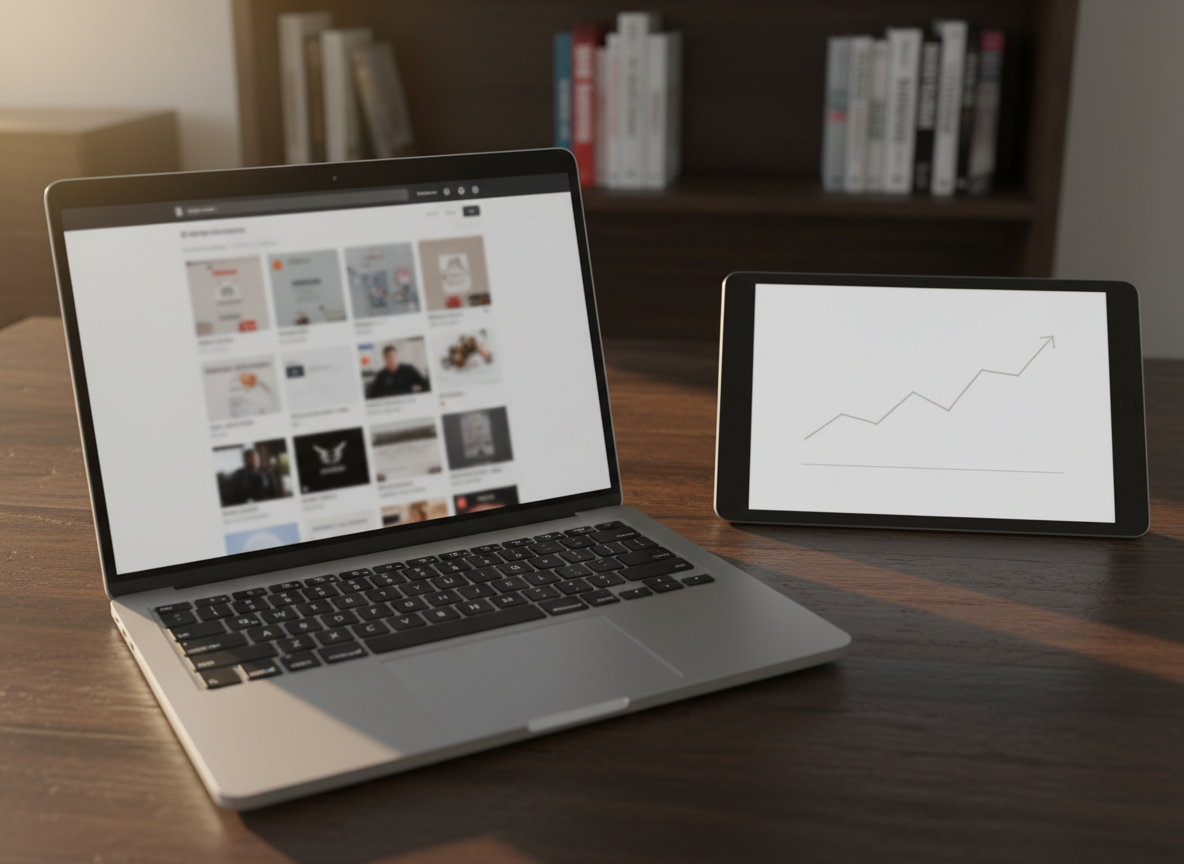 Ein Laptop auf einem dunkleren Holztisch zeigt eine generische, textfreie Oberfläche eines bekannten E-Commerce-Systems mit Produktkacheln und Buttons, alle Inhalte abstrahiert und neutral gehalten. Daneben liegt ein Tablet, auf dessen Display ein schlichtes Diagramm mit ansteigender, aber realistisch schwankender Linie zu sehen ist, ganz ohne Zahlen oder übertriebene Kurven. Warmes, leicht seitliches Nachmittagslicht fällt über die Szene und betont die Metallkanten der Geräte. Im Hintergrund verschwimmt ein Regal mit Büchern über Marketing und Unternehmertum, deren Titel unleserlich sind. Fotografische Realistik, aufgenommen aus leicht schräger Vogelperspektive, klare Schärfe auf den Bildschirmen, der Hintergrund weich gezeichnet. Die Stimmung ist fokussiert, reflektiert und zeigt bodenständigen Fortschritt im Affiliate-Marketing.