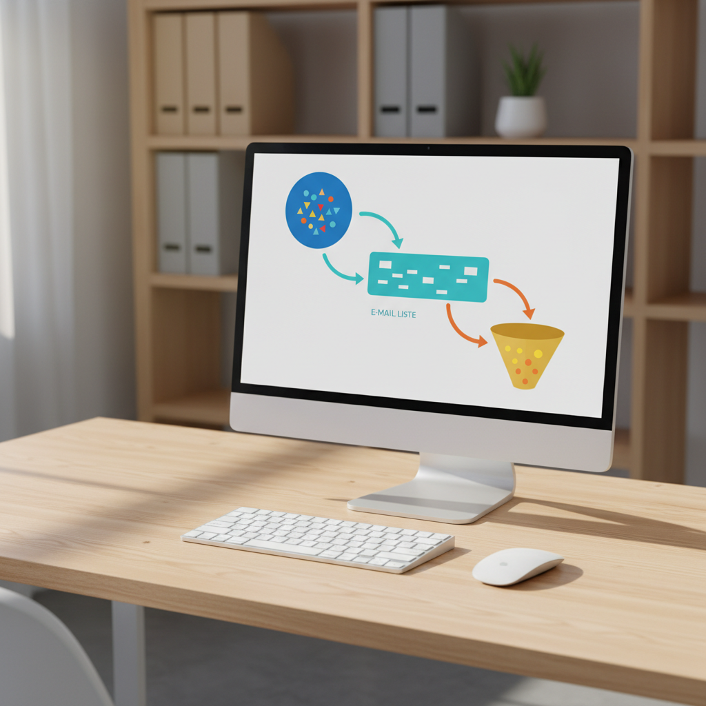 Ein minimalistischer Computerbildschirm auf einem hellen Holzschreibtisch zeigt eine abstrahierte, textfreie Darstellung eines Affiliate-Marketing-Funnels: farbige, geometrische Formen symbolisieren Besucher, E-Mail-Liste und Einnahmen, ohne konkrete Zahlen oder Versprechungen. Die Tastatur ist weiß und sauber ausgerichtet, daneben liegt eine dezente kabellose Maus. Sanftes, diffuses Morgenlicht fällt von links durch ein nicht sichtbares Fenster und wirft weiche Schatten. Im Hintergrund sind unscharfe Regale mit einigen neutralen Ordnern und einer kleinen Pflanze zu erkennen. Fotografische Realistik, leicht erhöhte Kameraposition mit Fokus auf den Bildschirm, der im rechten Drittel des Bildes platziert ist. Die Atmosphäre wirkt strukturiert, sachlich und motivierend, ideal für einen professionellen Blog über ehrliches, langfristiges Online-Business.