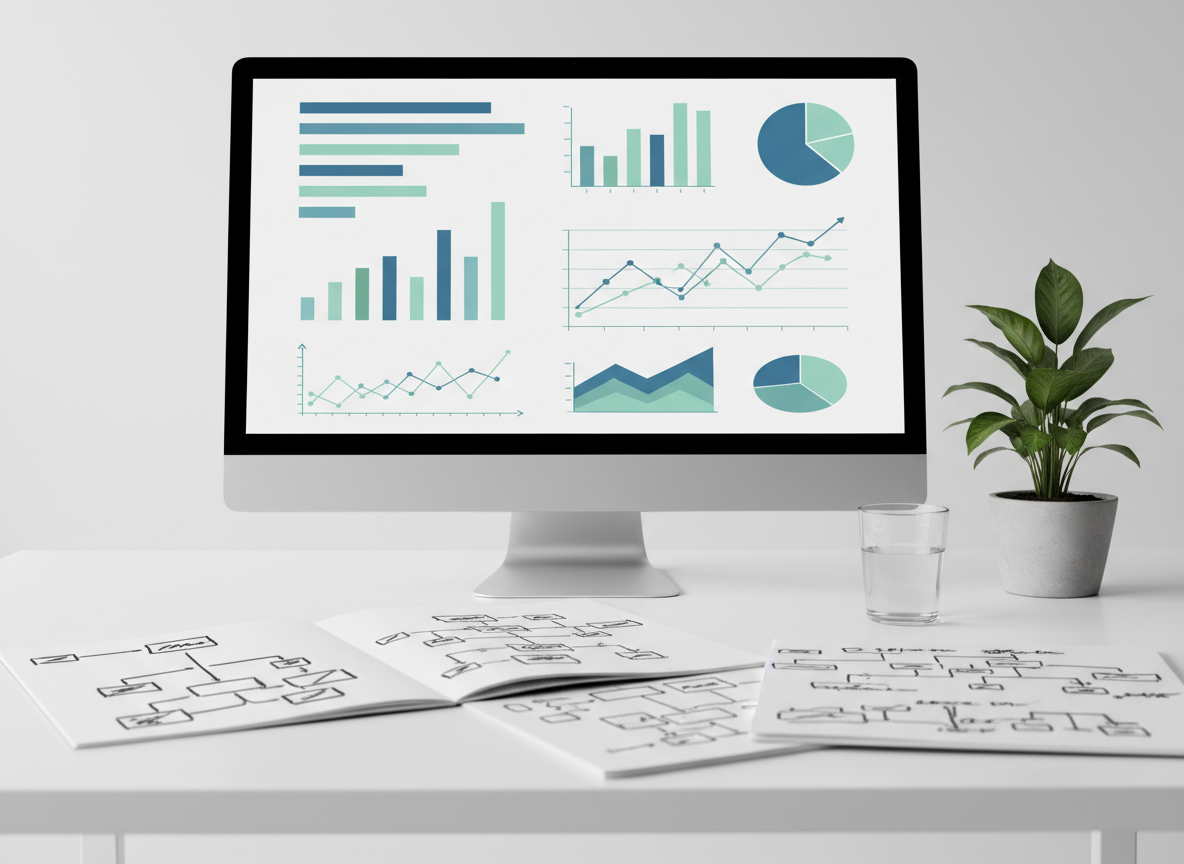 Ein breiter Monitor auf einem weißen Schreibtisch zeigt eine abstrahierte, seriöse Statistik-Oberfläche: Balken, Linien und Tortendiagramme in dezenten Blau- und Grüntönen, ohne Zahlen oder Texte. Vor dem Monitor liegen mehrere geöffnete Notizseiten mit skizzierten Ablaufplänen und Pfeilen, die jedoch nicht lesbar sind. Ein schlichtes Glas Wasser und eine kleine Pflanze aus Beton-Topf sorgen für frische Akzente. Von oben fällt weiches, gleichmäßiges Studiolicht und erzeugt kaum Schatten, wodurch alles klar und übersichtlich wirkt. Fotografische Realistik, Perspektive leicht von oben nach vorne geneigt, der Monitor zentral, die Notizen im Vordergrund leicht unscharf. Die Atmosphäre vermittelt systematisches Arbeiten, Transparenz und die ruhige, analytische Seite von Affiliate-Marketing-Projekten.