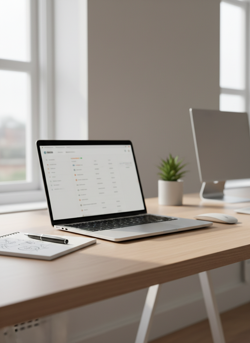 Ein aufgeräumter, moderner Schreibtisch in einem hellen Homeoffice, im Mittelpunkt ein eleganter Laptop mit geöffnetem Browser, der eine anonyme Affiliate-Dashboard-Oberfläche zeigt, alle Zahlen und Logos bewusst neutral und unscharf. Daneben liegen ein schlichtes Notizbuch mit handschriftlich wirkenden Skizzen und ein schwarzer Kugelschreiber. Durch ein großes Fenster fällt weiches Tageslicht herein und erzeugt sanfte Spiegelungen auf der glatten Holzoberfläche des Schreibtischs. Im Hintergrund stehen ein neutraler Monitor und eine kleine Zimmerpflanze, leicht verschwommen. Fotografische Realistik, aufgenommen auf Augenhöhe, klare Linien, ruhige Farbpalette aus Weiß, Grau und warmem Holz, die Stimmung ist konzentriert, professionell und einladend, mit leichter Tiefenunschärfe im Hintergrund.